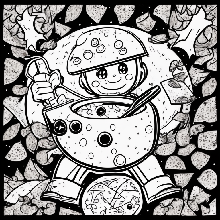 Pizza slice with happy face and with arms, one arm holding a dough opener roller and The other arm holding a hand mixer, kids playing with pizza coloring page