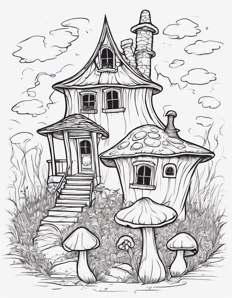 a black and white drawing of spooky house in the form of a mushroom, 4k, line art, Shutterstock , clean black outlines coloring page