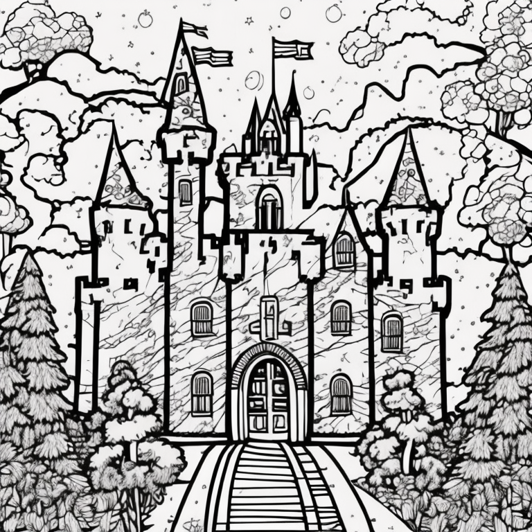 design a child coloring page ilustration of a castle