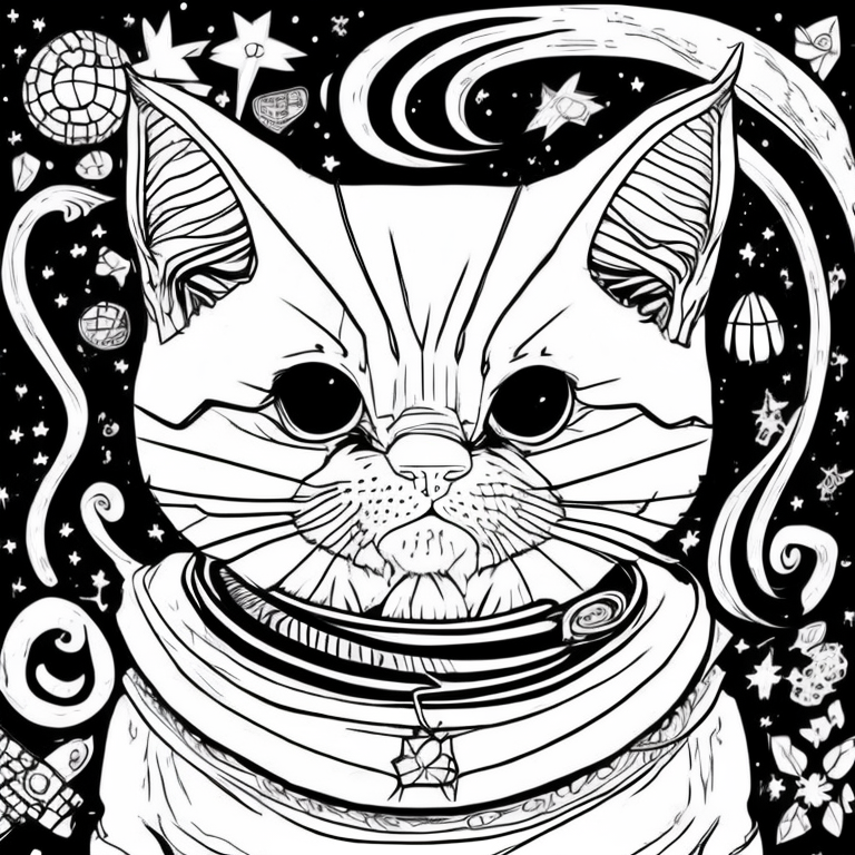 Crie um desenho estilo realista de um gato em um altar magico coloring page