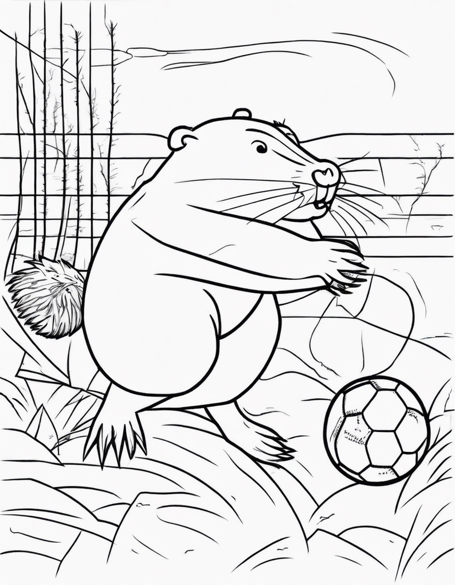 A beaver with a football scoring a touchdown coloring page