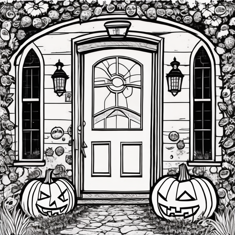 Front door of a house decorated for Halloween this is a coloring page for kid it is large prints lines only no shading on white backgroun