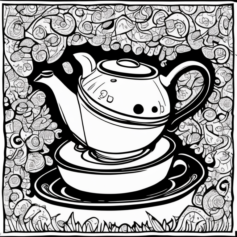 cute dancing teapot and plates on side coloring page