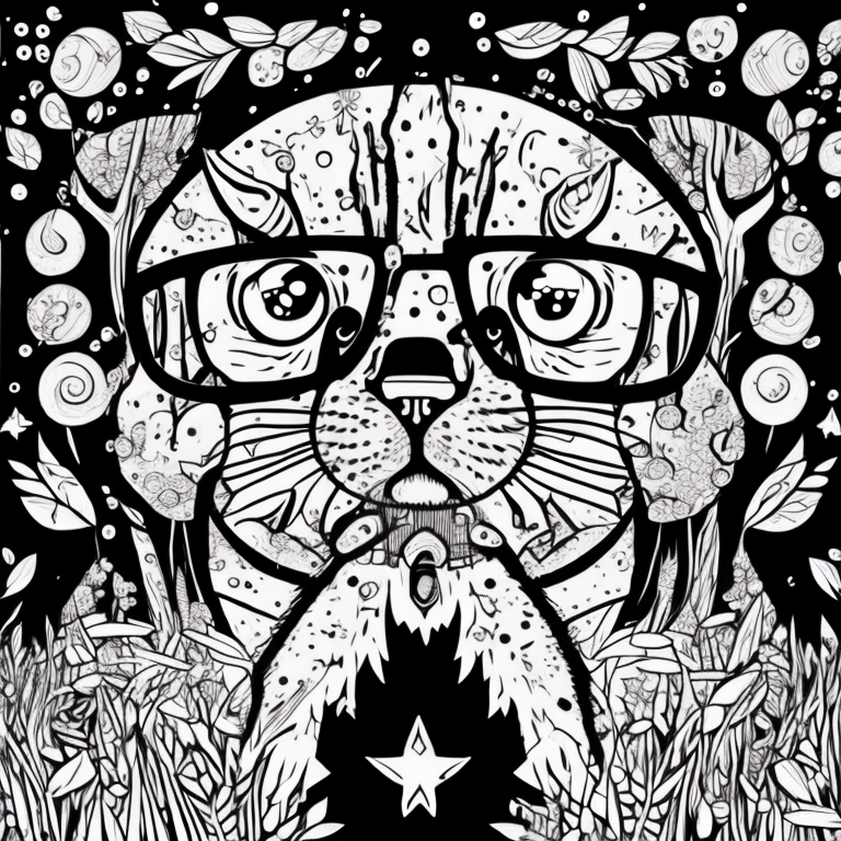 Cre um desenhe em um estilo realista, de um gato em uma floresta densa, com arvore altas, a noite