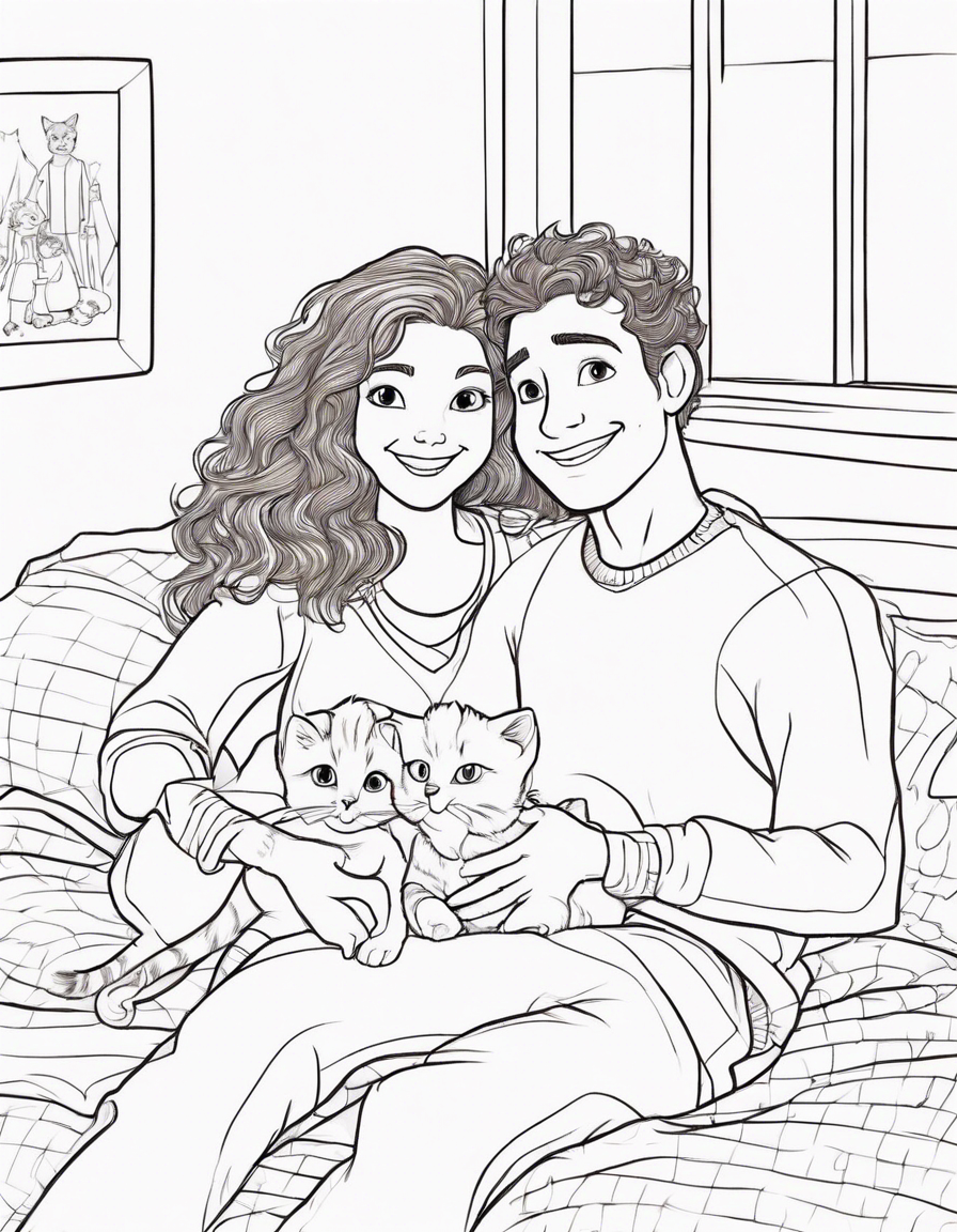 Coloring page about a disney pixar movie about a couple on their bed with two kittens, a boy with curly brown hair, brown eyes, a beautiful smile and a long-sleeved plain sweater with his arm around a girl with medium long wavy dark brown hair, brown eyes, a sweet smile and a long sleeve plain sweater coloring page