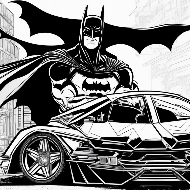 batman standing beside batmobile coloring page
