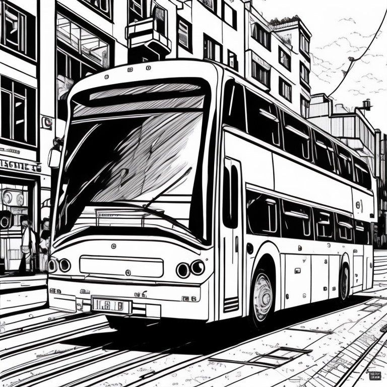 Bus en mwdio de una calle concurrida estilo europeo coloring page