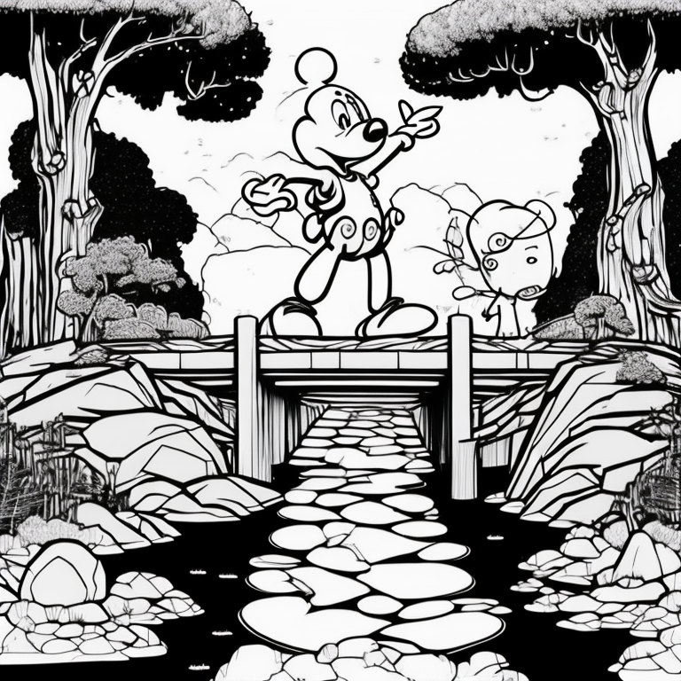 a Bela e a Fera da Disney passeando na ponte do lago no jardim do castelo coloring page