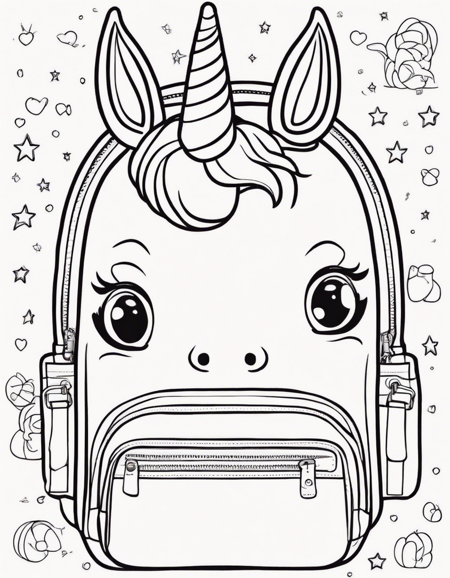 a unicorn backpack with cute eyes in a class room coloring page