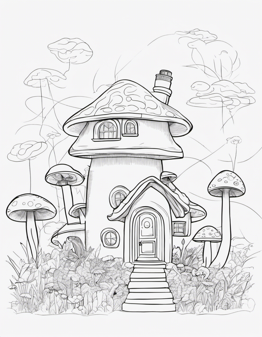 mushroom shaped house, cute coloring page