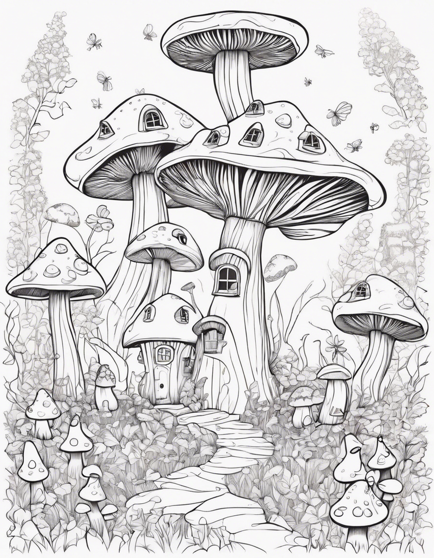 small fairies flying in a magical forest with house made of mushrooms coloring page