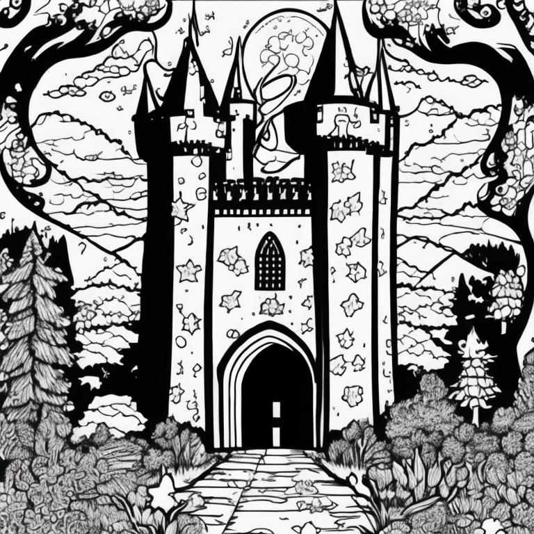 design a child coloring page ilustration of a castle