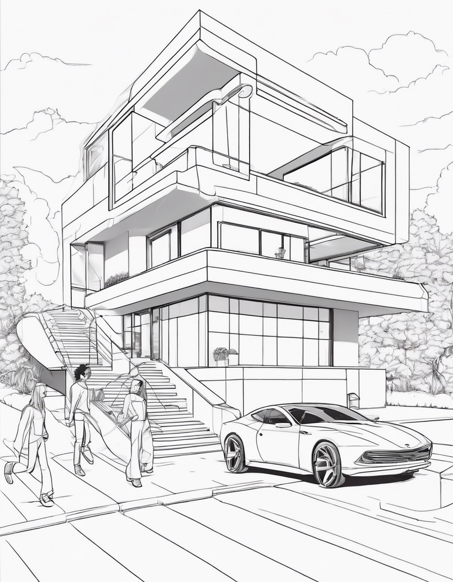 futuristic house with car and peoples walking coloring page