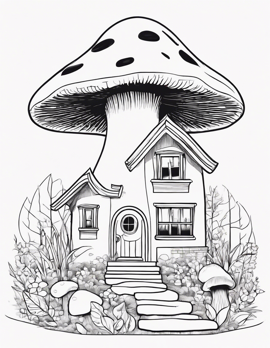 mushroom shaped house, cute coloring page