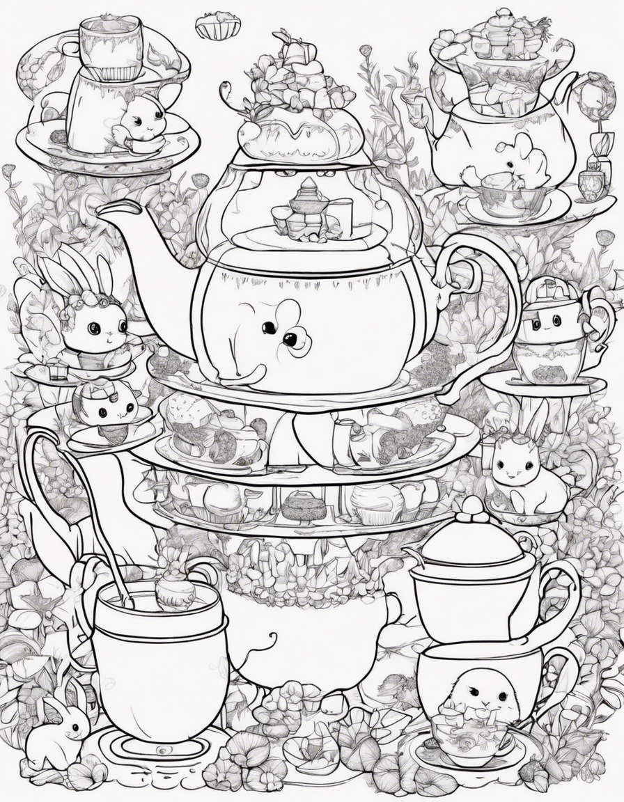 Design an elaborate kawaii tea party set in a fairytale garden with charming teacups, animated sugar cubes, and happy tea pots. Add delightful creatures like tea-loving bunnies and sugar cube fairies. coloring page