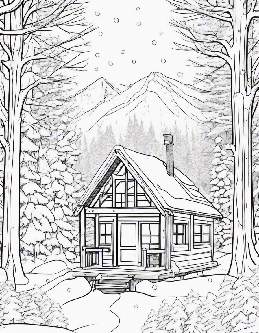 Create a coloring page of a serene winter forest scene with a gentle snowfall and a cozy cabin nestled among the trees. coloring page