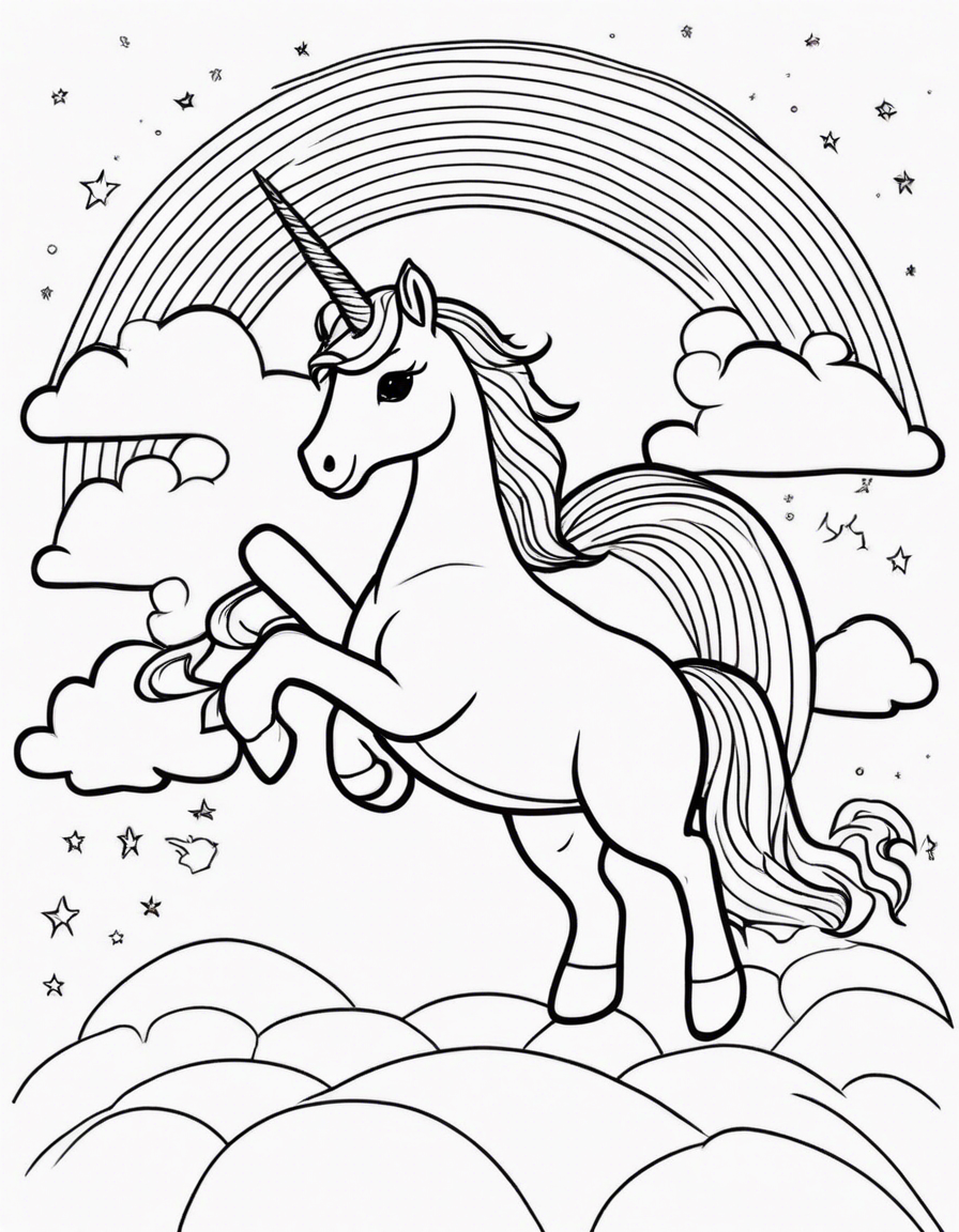 a cute baby unicorn jumping over a rainbow coloring page