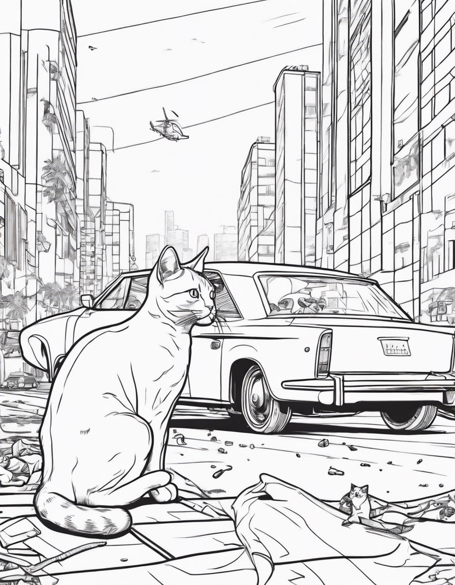 cat watching a car wreck coloring page