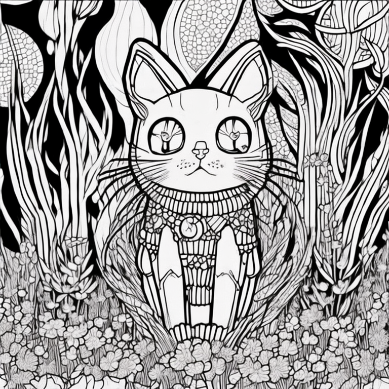 Craft an adult coloring page with the shadow cat in an ethereal garden, its wings emitting an aura of serenity.