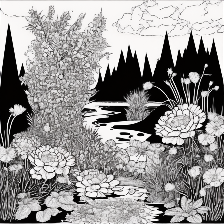 Lush flowers in garden with river  coloring page