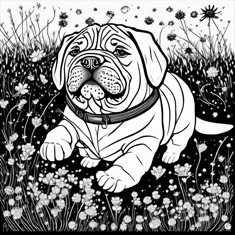 Sharpei dog chasing a bee with grass and flowers