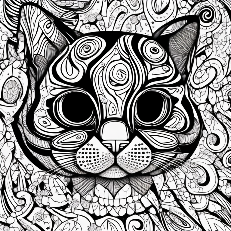 Macro, Geometric, Cute cat face built out of 3-dimensional Helical Prism and Paisley shapes coloring page