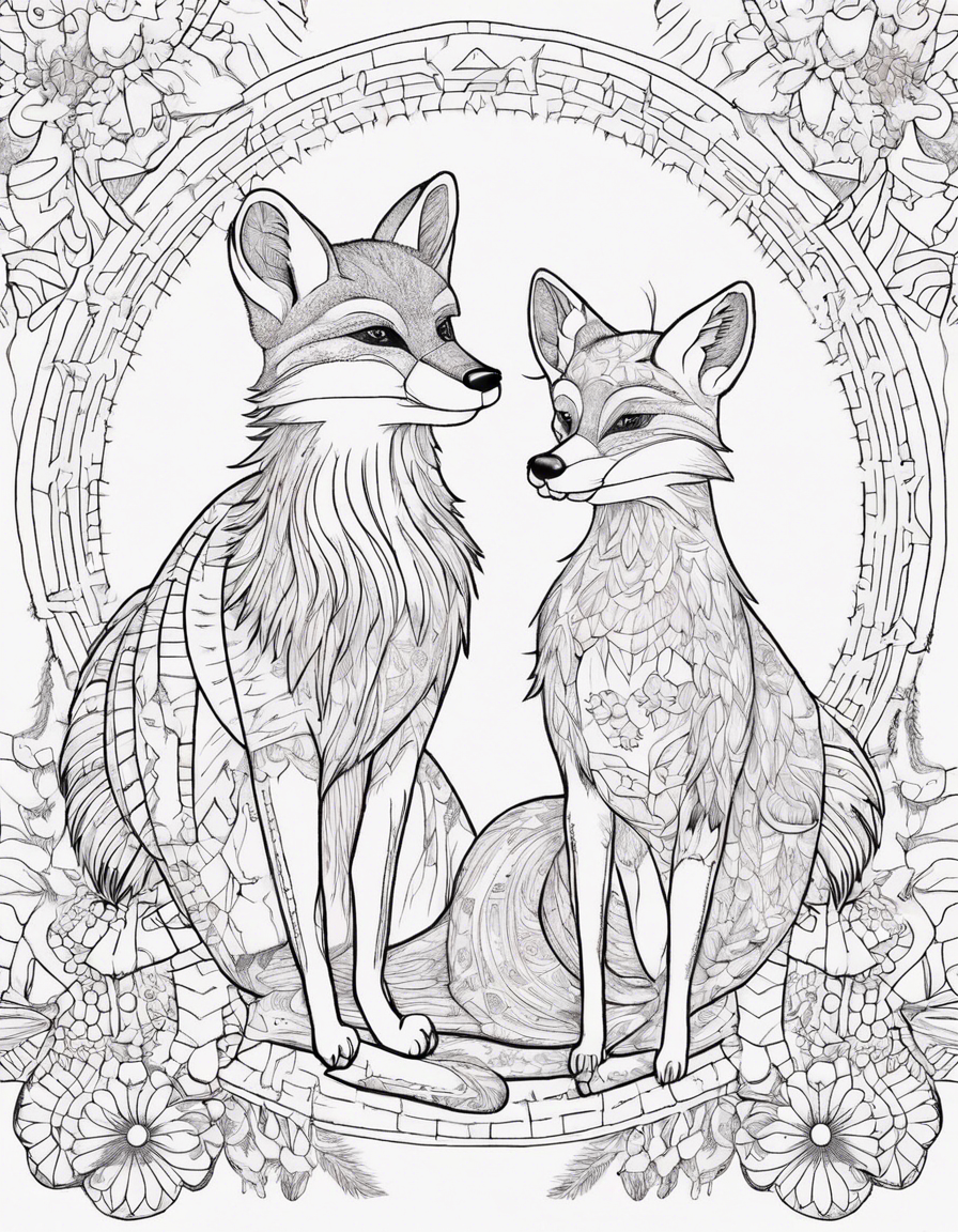 An illustration of a fox and a hen with a heart between them and the text “Opposites attract”. A drawing with black lines, no color, no background (white background), and no coloring inside the drawing (only white color), mandala style, line art coloring page