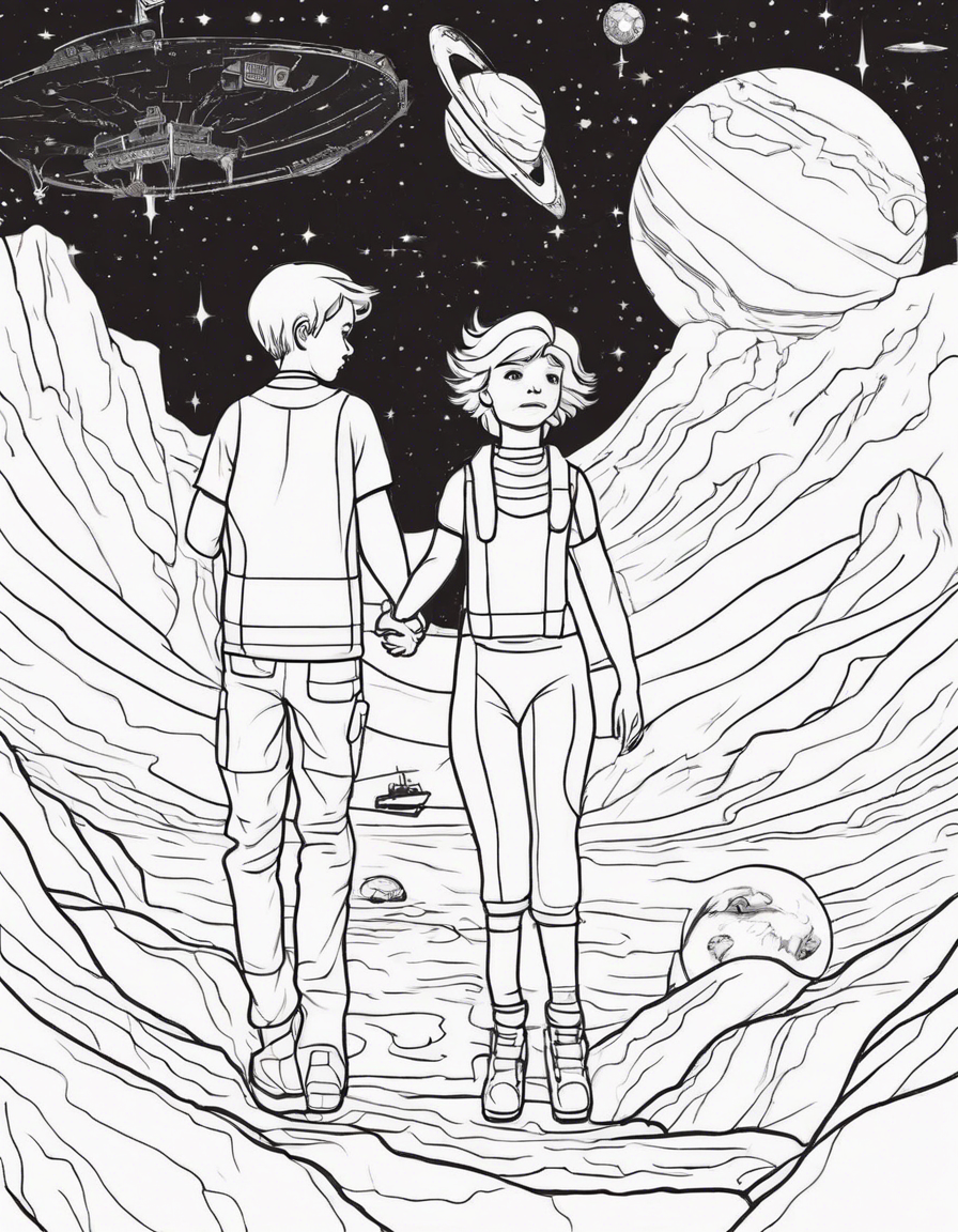 young boy and his mother  got out of the ship and stood on an alien planet coloring page