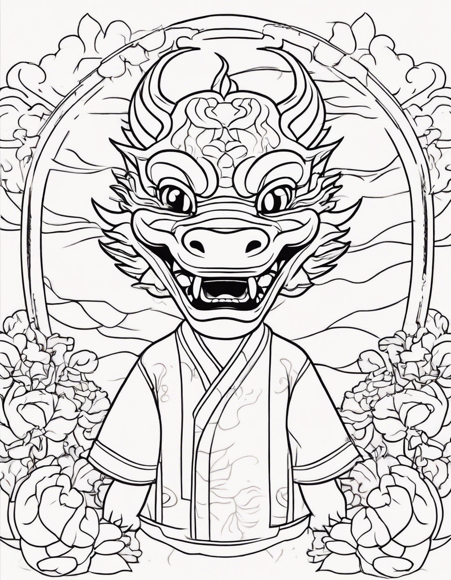 chinese new year 2024 theme with kid and dragon smile facing front coloring page