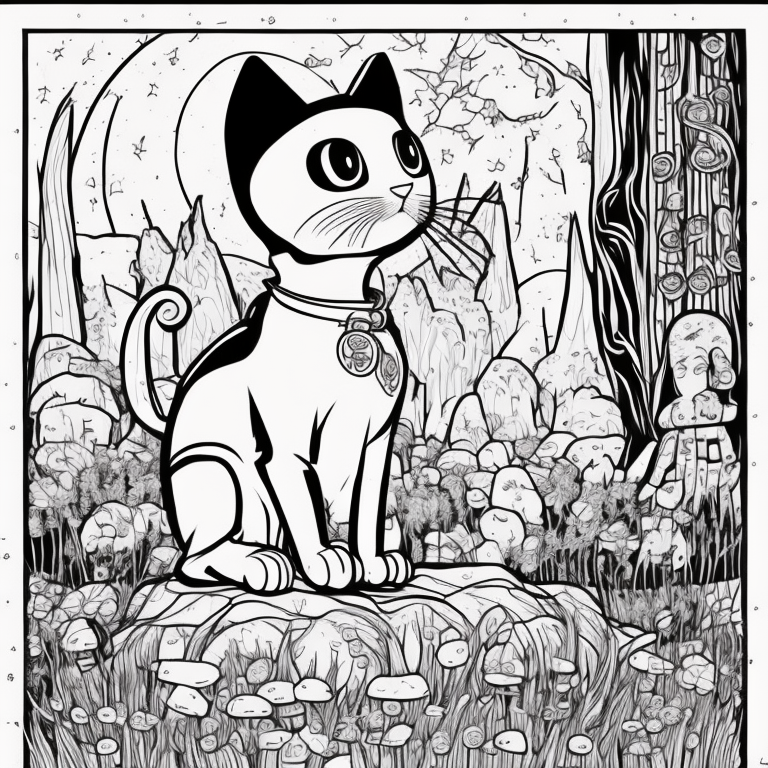 Design an adult coloring page featuring the shadow cat in a moonlit forest clearing, surrounded by ancient statues of cats. Incorporate a continuous line drawing style with simple lines, suitable for easy coloring while maintaining a realistic look. Convey the aura of communication and connection with ancestors through minimalist details and a serene atmosphere. Present the image in black and white against a white background, aligning with the prevailing aesthetic trends observed on platforms like ArtStation. Ensure a clear focus and intricate composition, offering colorists an immersive and introspective coloring experience.