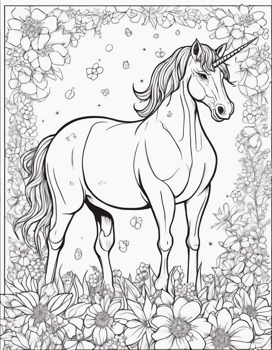 a unicorn, outline art for cute animals colouring pages of a with a ladybug exploring a vibrant flower garden , white background, Sketch style, full body, only use outline ,Mandala style, clean line art, white background, no shadows and clear and well outlined. coloring page