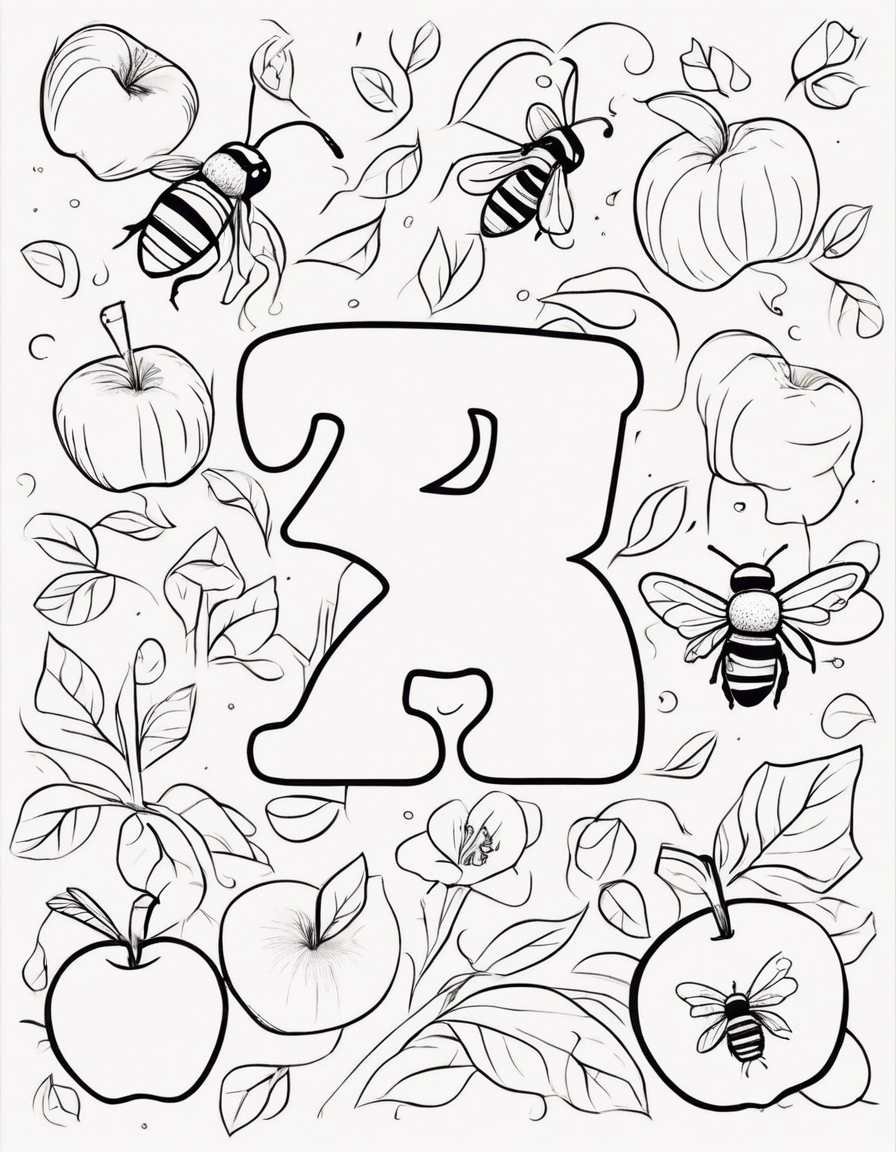 Capital and lowercase letters: Each page features a single letter with an object starting with that letter, like an apple for A and a bee for B coloring page