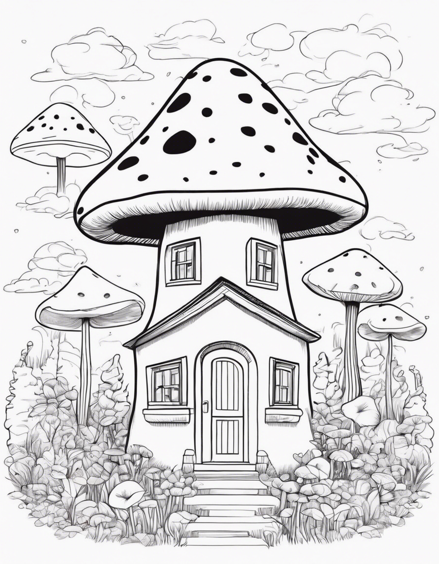 mushroom shaped house, cute coloring page