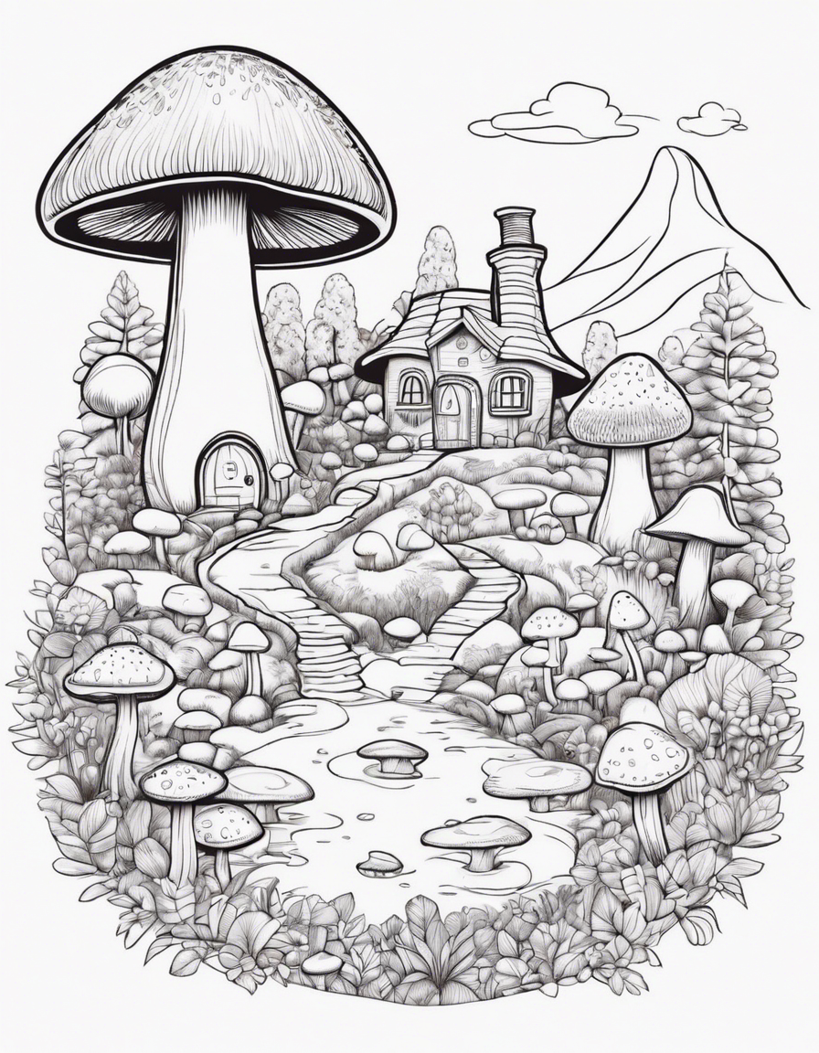 A cute mushroom village coloring page