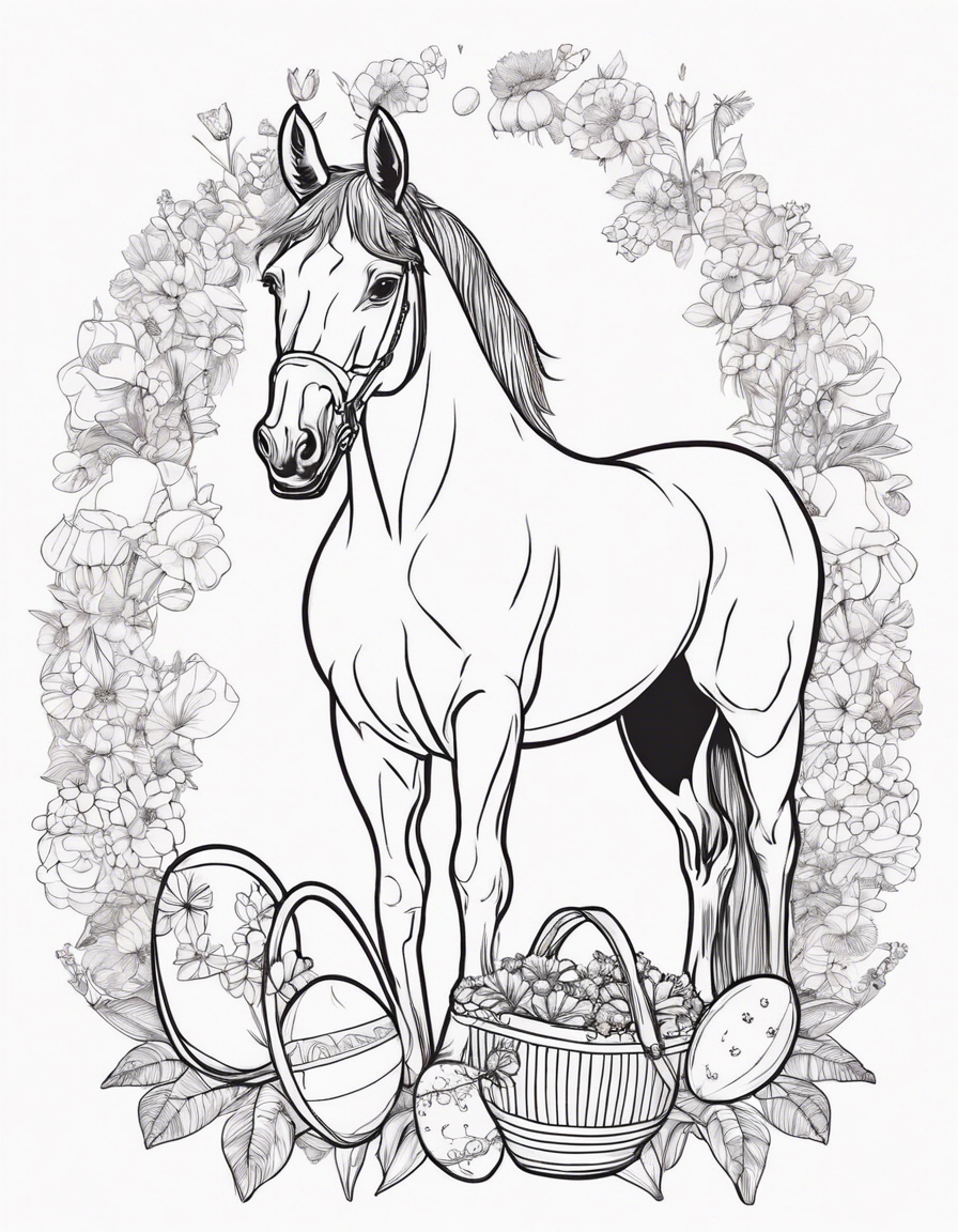 Horse with Easter Eggs and Basket, flowers  coloring page