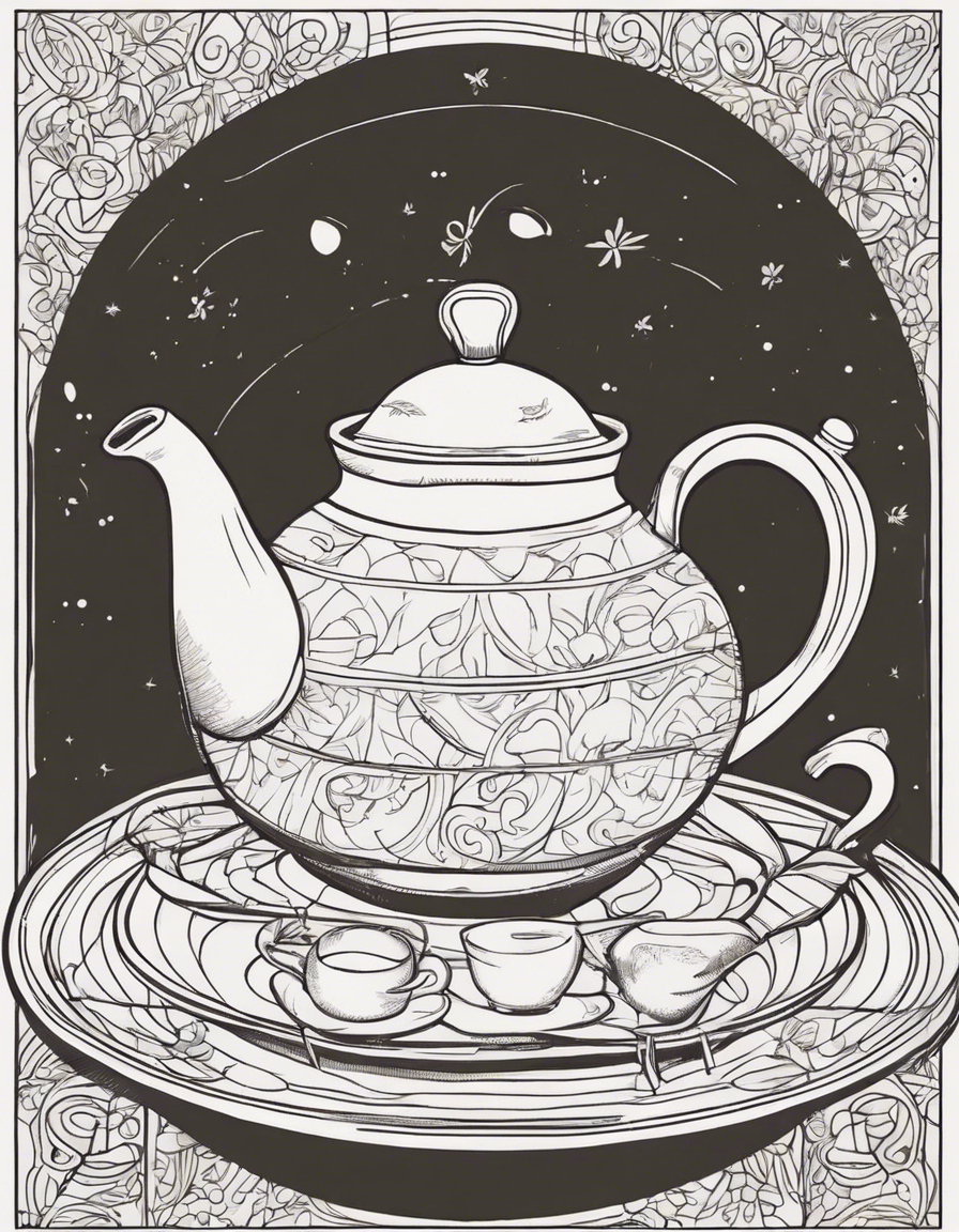 cute dancing teapot and plates on side coloring page