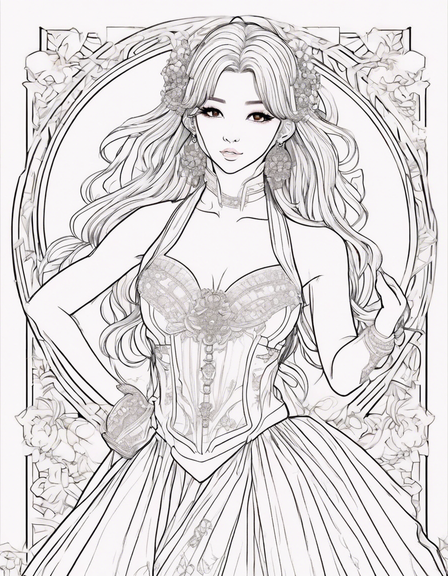 Create a K-pop anime style drawing with thick lines, suitable for coloring. The character is a K-pop idol in a dynamic and charismatic pose, radiating confidence and determination. Her styled hair should flow in motion, highlighting her energy on stage. Dress her in a stunning stage outfit, detailed with elegant ornaments and statement accessories like necklaces and bracelets. Ensure the features are clear and defined, making it easier to add color and capture the character's vibrancy and personality. coloring page