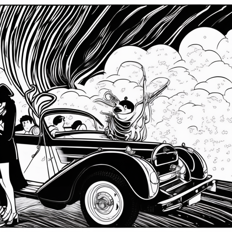 a couple enjoying love drive in the car in monsoon coloring page