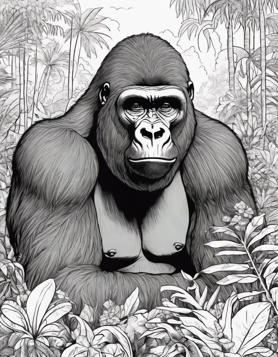 Gorilla, "Gorilla Grove Adventure: Explore the lush depths of the jungle with our friendly gorilla. Envision a vibrant setting filled with towering trees, cascading waterfalls, and exotic flowers. Unleash your coloring creativity as you transform this jungle haven into a masterpiece. Join the gorilla in this colorful escapade through the heart of the rainforest!" coloring page