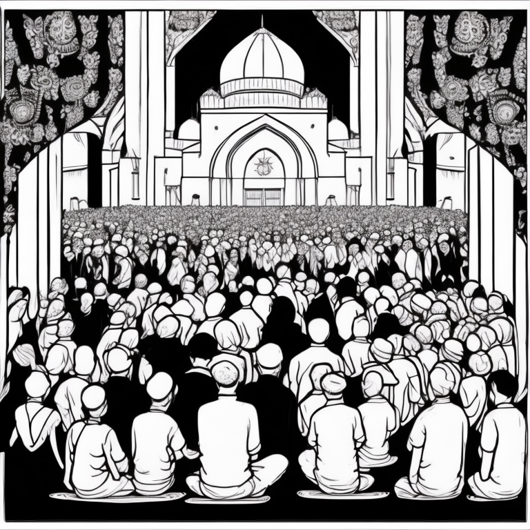 Create an illustration of people gathering to pray at the mosque  coloring page