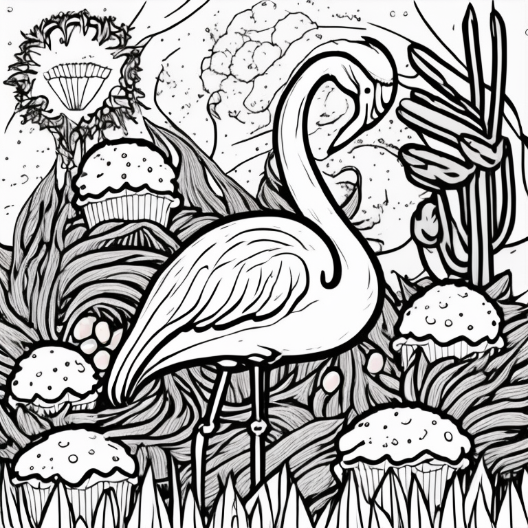 Cartoon flamingo with cupcake coloring page