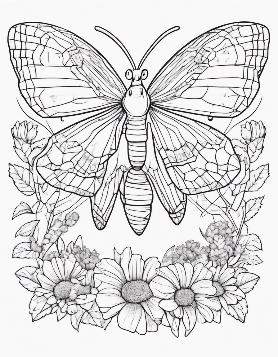 A cartoon moth and a flower crown coloring page