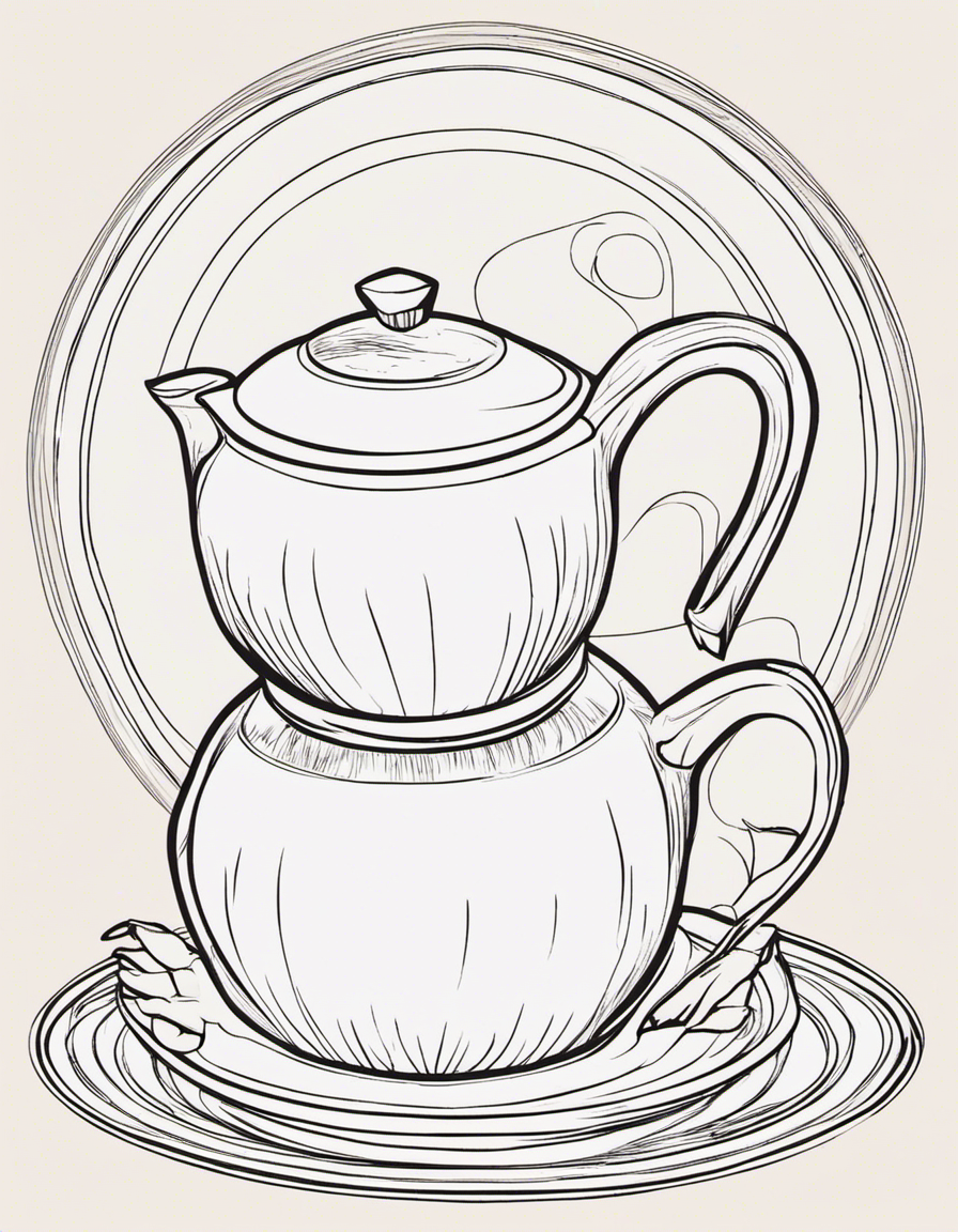 cute dancing teapot and plates on side coloring page