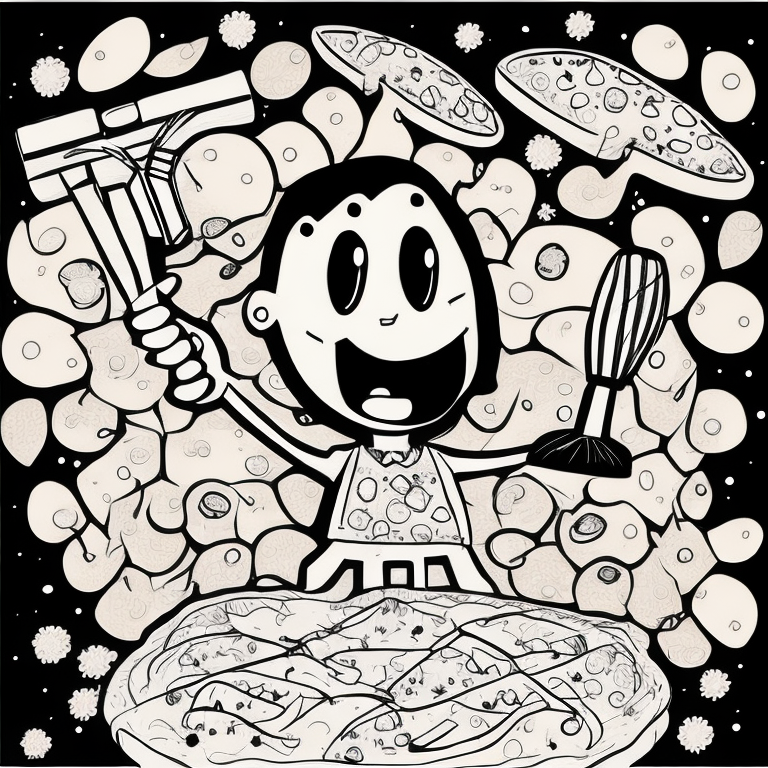 Pizza slice with happy face and with arms and hands, one hand holding a rolling pin and the other hand holding a whisk