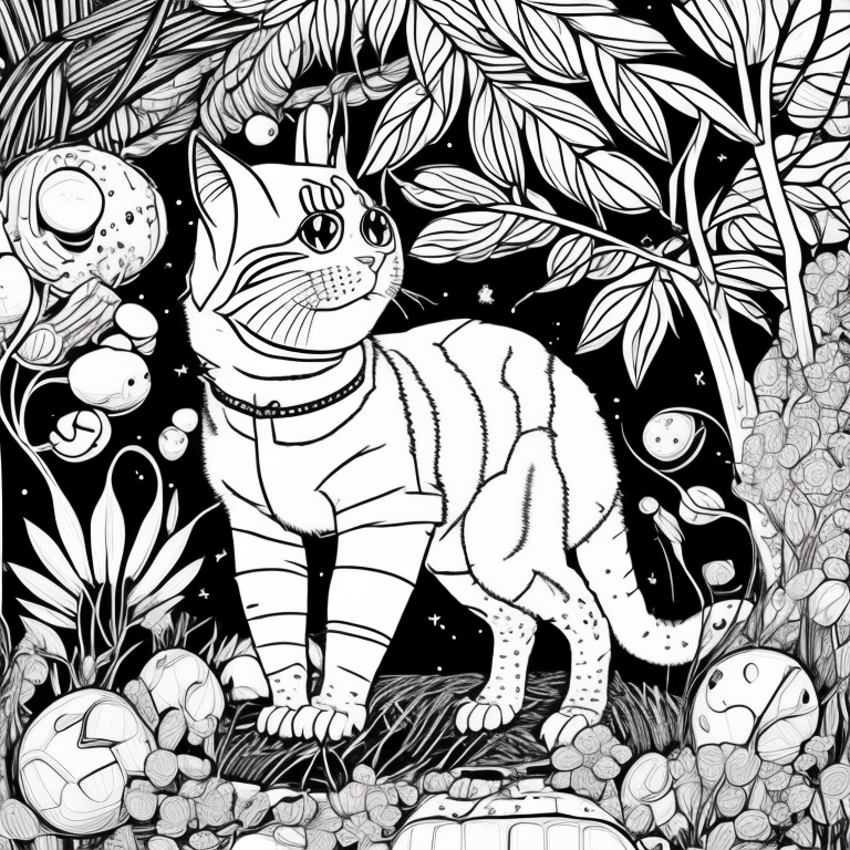 Desenhe uma imagem para colorir em preto e branco, retratando o gato das sombras em uma área abandonada, como um pátio ou jardim antigo. O cenário deve ser simples e sem sombras ou detalhes em cores. Crie uma atmosfera enigmática em estilo cartoon, destacando os detalhes exuberantes da pelagem do gato e da vegetação que cresceu descontroladamente. Deixe espaço para os leitores adultos explorarem sua criatividade ao colorir à mão e trazer vida à cena sombria e cheia de mistério. coloring page