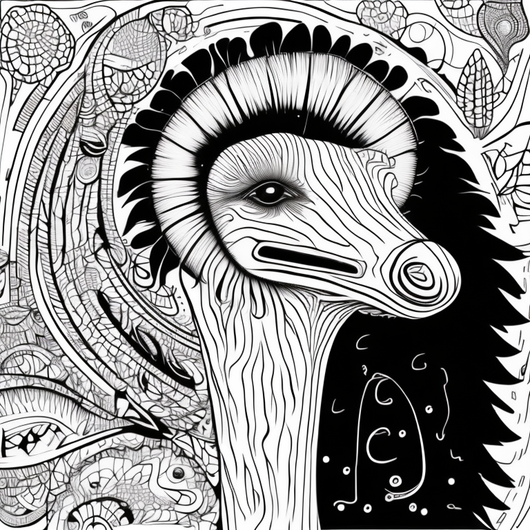 Macro, Geometric, Ostrich face built out of 3-dimensional Helical Prism and Paisley shapes, chiaroscuro coloring page