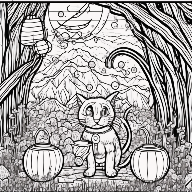 Design an adult coloring page capturing the shadow cat's presence during a serene moonlit ceremony. Depict lanterns gently floating on a tranquil lake, casting a soft reflection. Convey the essence of ancestral spirits guided by lantern light. Craft the scene with intricate details, excluding extra shading or colors to offer an immersive hand-coloring experience.