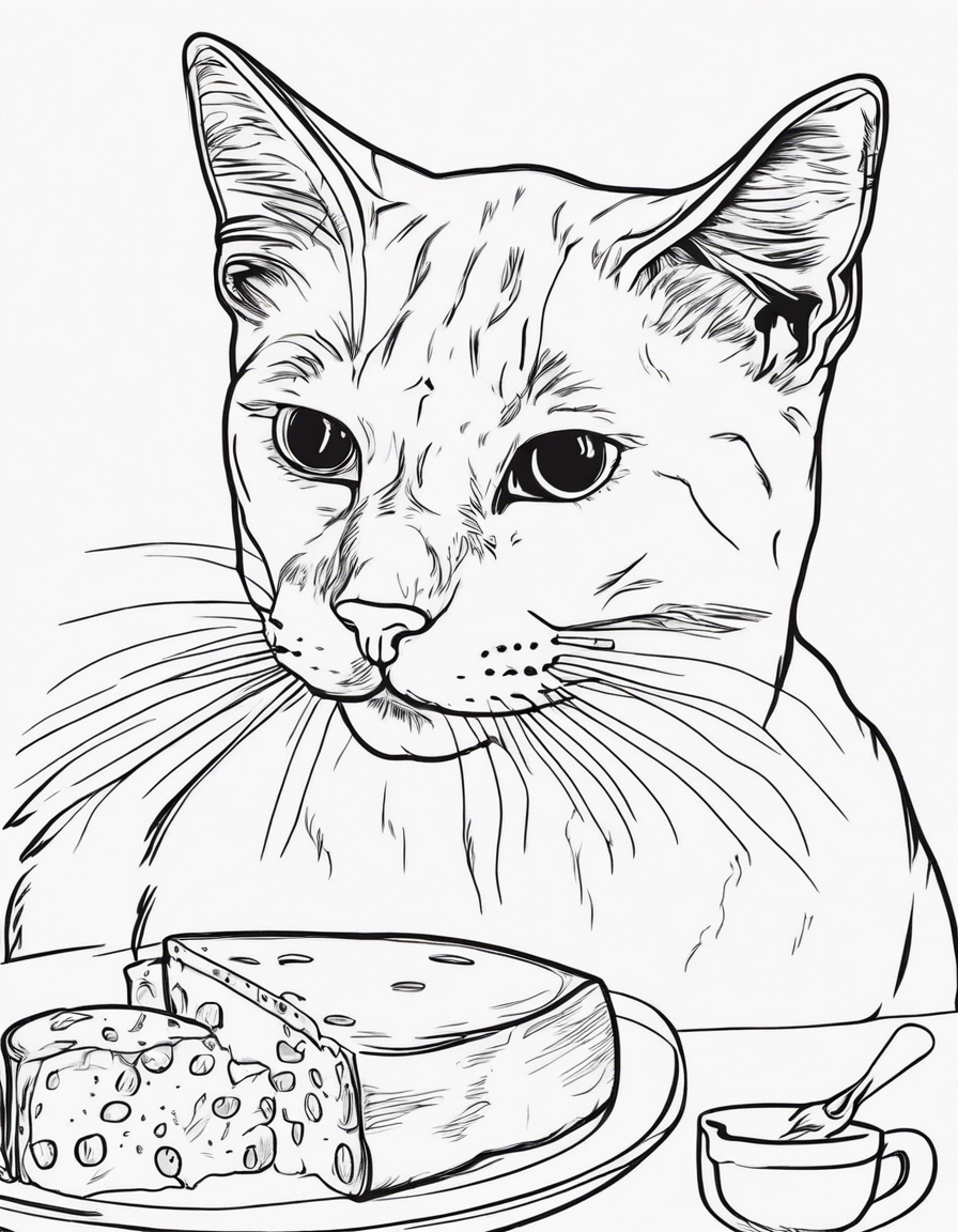 A cat eating cheese coloring page