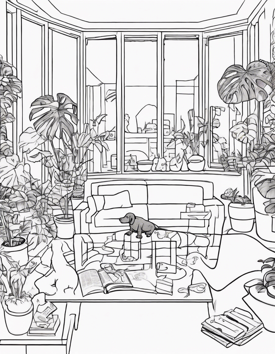 Generate a coloring book page. Just white filling with black borders. No other shades. Should be easy to color  The Living Room: A full view of the living room with a couch, table by a couch, a record player, LEGO puzzle, Monstera plant, few more plants, high ceiling, big space, dachshund playing in the room coloring page