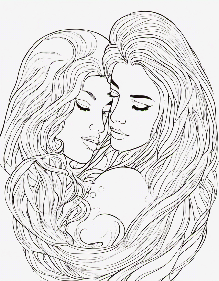 two beautiful mermaid with flowing hair coloring page